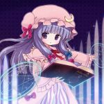  1girl book crescent hat long_hair long_sleeves patchouli_knowledge purple_hair ribbon solo tona_(nekotte) touhou violet_eyes wide_sleeves 