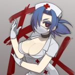 1girl blue_hair breasts choker cleavage gloves hair_over_one_eye hat highres large_breasts mask nurse nurse_cap oza_watto red_eyes skullgirls solo surgical_mask valentine_(skullgirls) white_gloves 