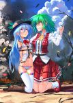  2girls :&gt; angry arms_behind_back ascot blue_hair boots bra destruction fire flower green_hair hat hinanawi_tenshi kazami_yuuka knee_boots kneeling looking_away mary_janes multiple_girls navel panties patricia_(stylish_marunage) petals plaid plaid_vest red_eyes restrained shaded_face shoes smoke socks striped striped_bra striped_panties sweatdrop thighhighs torn_clothes touhou underwear vertical-striped_bra vertical_stripes white_legwear 
