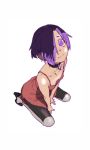  1girl arm_support bike_shorts choker collar colored down_blouse dutch_angle ear_stud from_above hair_highlights hair_over_one_eye hijiri_rei idolmaster idolmaster_cinderella_girls kneeling looking_at_viewer looking_up purple_eyes purple_hair shiny shirasaka_koume short_hair skirt solo stalkings two_toned_hair violet_eyes 