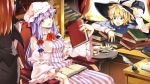  3girls apple_slice bat_wings blonde_hair blue_eyes book book_stack bow capelet chair crescent cup desk dress feathers hair_ribbon hasebe_yuusaku hat hat_bow head_wings highres ink_bottle kirisame_marisa koakuma long_hair long_sleeves multiple_girls open_mouth patchouli_knowledge plate purple_dress purple_hair redhead ribbon shirt sitting skirt skirt_set striped striped_dress table teacup touhou tress_ribbon very_long_hair vest violet_eyes wide_sleeves wings witch_hat 