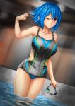  1girl blue_hair erkaz goggles highres holding_goggles one-piece_swimsuit original red_eyes short_hair swimsuit wet wink 