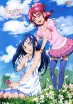  2girls :d aida_mana bare_shoulders blue_eyes blue_hair blue_sky blurry clouds depth_of_field dokidoki!_precure earphones english flower frills grass half_updo hands_on_shoulders highres hishikawa_rikka long_hair media_player multiple_girls official_art on_ground open_mouth petals pink_eyes pink_hair poster precure shared_earphones short_hair short_sleeves sitting sky sleeveless smile standing thigh-highs wariza wristband zettai_ryouiki 