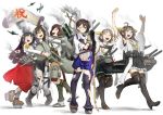  6+girls airplane ashigara_(kantai_collection) bearclaw black_hair blood blood_on_face bow_(weapon) breastplate brown_hair hairband hiei_(kantai_collection) hiyou_(kantai_collection) hug injury ise_(kantai_collection) japanese_clothes kaga_(kantai_collection) kantai_collection katana kongou_(kantai_collection) long_hair multiple_girls pantyhose personification quiver short_hair side_ponytail simple_background smile smoke sword thigh-highs torn_pantyhose torn_thighhighs turret weapon white_background 