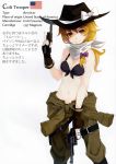  1girl absurdres bikini_top blonde_hair boots braid breasts cleavage dual_wielding fingerless_gloves front-tie_top gloves gun hat highres kirisame_marisa long_hair nanahara_fuyuki navel open_fly revolver scan side_braid smile solo thigh_strap touhou unzipped weapon yellow_eyes 