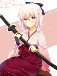  1girl ahoge bow cherry_blossoms fate/stay_night fate_(series) hair_bow hair_up japanese_clothes katana knight07 pink_eyes pink_hair saber sheath sheathed solo sword weapon 