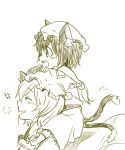  2girls animal_ears blood blush carrying cat_ears cat_tail chen child fang fox_tail hat monochrome multiple_girls multiple_tails nosebleed shoulder_carry six_(fnrptal1010) skirt smile spot_color tail touhou yakumo_ran 