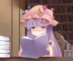  1girl blush book bookshelf chair crescent desk hammer_(sunset_beach) hat long_hair magic_circle patchouli_knowledge purple_hair reading sitting solo touhou violet_eyes 