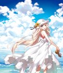  1girl bare_shoulders blonde_hair blue_eyes braid clouds dress hat holding holding_shoes ia_(vocaloid) long_hair ocean sun_hat twin_braids vocaloid water white_dress yunco 