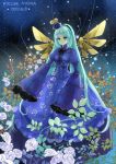  1girl aiha-deko atelier_(series) atelier_ayesha blue_hair character_name copyright_name corset dress flower green_eyes hairband hat highres juliet_sleeves leaf long_hair long_sleeves odelia_(atelier_ayesha) puffy_sleeves sleeves_past_wrists solo typo wings 