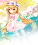  1girl ball brown_hair dress flower happy hat juna long_hair original partially_submerged petals sky solo sunglasses twintails water yellow_eyes 