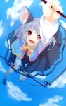  1girl animal_ears arm_up blue_sky blush capelet clouds dowsing_rod grey_hair highres koza mouse_ears mouse_tail nazrin open_mouth red_eyes short_hair skirt sky smile solo tail touhou 