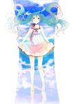  1girl aqua_hair barefoot dress floating_hair giaour green_eyes hatsune_miku highres musical_note skirt_hold solo twintails vocaloid 