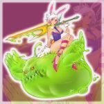  1girl absurdres animal_ears belt breasts bunnysuit cleavage ejami heart heart-shaped_pupils highres huge_filesize league_of_legends rabbit_ears red_eyes riding riven_(league_of_legends) short_hair slime sword symbol-shaped_pupils weapon white_hair yellow_eyes zac 