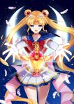  1girl :o absurdres bishoujo_senshi_sailor_moon blonde_hair blue_eyes bow brooch choker crescent_moon double_bun elbow_gloves feathers gloves hair_ornament hairpin highres jewelry long_hair magical_girl moon outstretched_hand pandako ribbon sailor_collar sailor_moon seihai_(sailor_moon) serious skirt solo super_sailor_moon tsukino_usagi twintails white_gloves 