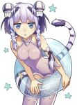  1girl bare_shoulders blue_eyes braid byakko_(p&amp;d) chinese_clothes double_bun innertube kibamigohann puzzle_&amp;_dragons silver_hair solo star tail thighhighs tiger_stripes tiger_tail 