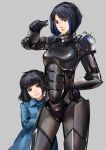  2girls absurdres age_difference armor black_eyes black_hair blue_hair bob_cut bodysuit child drivesuit dual_persona highres jacket liuruoyu8888 mako_mori multiple_girls pacific_rim salute science_fiction short_hair simple_background streaked_hair 