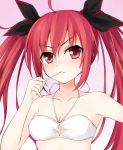  1girl ahoge bare_shoulders bow bra breasts candy date_a_live gradient gradient_background hair_bow itsuka_kotori lollipop long_hair looking_at_viewer qiuzhi_huiyi red_eyes redhead solo twintails underwear white_bra 