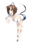  1girl animal_ears breasts brown_eyes brown_hair cat_ears cat_tail cleavage fang holding kyon_(fuuran) leaning_forward open_mouth original popsicle sandals short_hair short_shorts shorts solo tail tank_top 