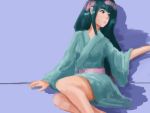  1girl against_wall bare_legs female green_hair japanese_clothes katanagatari kimono long_hair low-tied_long_hair siaothe-sheep sitting solo very_long_hair yasuri_nanami 