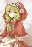  1girl adapted_costume apple_da-ze basket dress flower front_ponytail green_eyes green_hair hair_ribbon kagiyama_hina little_red_riding_hood little_red_riding_hood_(cosplay) ribbon smile solo touhou 