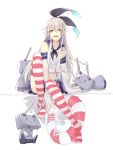  1girl elbow_gloves gloves hairband kantai_collection long_hair looking_at_viewer makino_bunny midriff navel open_mouth personification rensouhou-chan shimakaze_(kantai_collection) silver_hair sitting skirt smile solo striped striped_legwear thighhighs white_background yellow_eyes 
