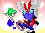  1girl ascot cherry_blossoms daiyousei dress floating gradient gradient_background green_eyes green_hair hair_ribbon light_particles mazinger_z mecha minerva_x nmyaa open_mouth ribbon short_hair side_ponytail socks touhou v_arms wings wreath 