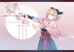  1girl ahoge blonde_hair cherry_blossoms fate_(series) flower hair_ribbon japanese_clothes katana long_hair nuruhachi_(honki) pink_eyes ribbon saber solo sword weapon 