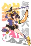  1girl absurdres belly_grab black_hair dual_wielding food fruit genderswap highres jitetsu_otoko_ddn kamen_rider kamen_rider_gaim kamen_rider_gaim_(series) looking_at_viewer orange orange_eyes personification ponytail rider-tan skirt smirk solo sword weapon 