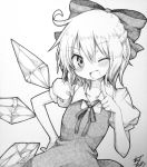  1girl ;d blush bow bust cirno clown_222 dress fang hair_bow hand_on_hip millipen_(medium) monochrome open_mouth ribbon short_hair signature smile solo touhou traditional_media wings wink 