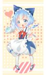  1girl akisha alternate_costume apron blue_eyes blue_hair blush bow cirno enmaided fang hair_bow highres ice looking_at_viewer maid maid_headdress open_mouth ribbon short_hair solo touhou wings 