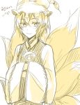  1girl blonde_hair fox_tail hands_in_sleeves hat monochrome multiple_tails short_hair six_(fnrptal1010) sketch slit_pupils smile tail touhou translation_request wide_sleeves yakumo_ran yellow yellow_eyes yin_yang 