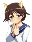  1girl animal_ears arobiro blush brown_eyes brown_hair hands_together looking_at_viewer miyafuji_yoshika sailor_collar short_hair simple_background smile solo strike_witches uniform white_background 