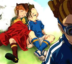  3boys blue_eyes blush brown_hair bruise cape endou_mamoru fudou_akio goggles headband inazuma_eleven inazuma_eleven_(series) injury j_am kidou_yuuto male mohawk multiple_boys open_mouth short_hair sleeping soccer_uniform 