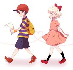  1boy 1girl backpack bag black_hair blonde_hair blue_eyes hat heart mother_(game) mother_2 ness nintendo paula_polestar ribbon short_hair smile 