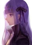  1girl asukaziye braid dangan_ronpa kirigiri_kyouko long_hair necktie popped_collar purple_hair ribbon side solo violet_eyes 