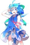  1girl ahoge blue_dress blue_eyes blue_hair bow cirno dress flat_chest hair_bow ice ice_wings open_mouth ribbon sanuki_(zigzagflamberge) short_hair smile solo touhou v_over_eye wings 