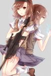  2girls back-to-back brown_eyes brown_hair gun head_mounted_display highres hitomi95 misaka_imouto misaka_mikoto multiple_girls rifle school_uniform short_hair to_aru_kagaku_no_railgun to_aru_majutsu_no_index weapon 