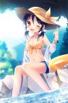  1girl ;d bikini_top black_hair brown_eyes hair_ornament hairclip hat mauve navel open_clothes open_mouth open_shirt short_hair shorts smile solo sword_girls water wink 