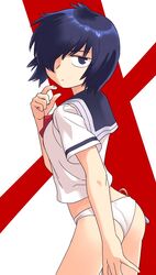  ass blue_eyes blue_hair flat_gaze hair_over_one_eye highres nazo_no_kanojo_x no_pants panties school_uniform scissors serafuku short_hair tsukiyo_michi underwear urabe_mikoto 