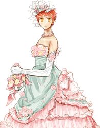  1boy bare_shoulders blush bridal_veil bride crossdressinging dress earrings elbow_gloves emiya_shirou fate/stay_night fate_(series) gloves jewelry mitsuki_mitsuno necklace orange_hair short_hair solo veil wedding wedding_dress yellow_eyes 