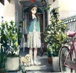 1girl bicycle black_eyes black_hair cardigan dog dress fence floral_print lantern ooi_choon_liang original plant shoe_ribbon solo 