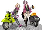  2girls black_legwear boots brown_hair glasses gloves helmet highres jacket long_hair miwa_shirou motor_vehicle multiple_girls original purple_hair scarf scooter skirt thigh-highs vehicle vespa violet_eyes 