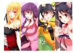  4girls animal_ears araragi_karen black_eyes black_hair blonde_hair blue_eyes breasts brown_eyes cat_ears cleavage elbow_gloves fried_egg glasses gloves hanekawa_tsubasa kissshot_acerolaorion_heartunderblade long_hair monogatari_(series) multiple_girls purple_hair school_uniform senjougahara_hitagi side_ponytail sotogawa_max yellow_eyes 