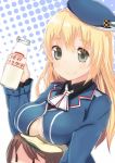  2girls atago_(kantai_collection) beret blonde_hair blue_eyes breast_rest breasts breasts_on_head brown_hair error_musume hat kantai_collection looking_at_viewer milk moutama multiple_girls open_clothes open_shirt smile 