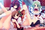  3girls absurdres bed black_legwear breasts brown_eyes brown_hair cleavage curtains down_blouse green_eyes green_hair highres kimi_wo_aogi_otome_wa_hime_ni kuroe_(kimi_wo_aogi_otome_wa_hime_ni) legs maid maid_headdress miyazono_hitomi multiple_girls panties pantyhose pantyhose_removed pink_panties satou_satoru school_uniform stuffed_animal stuffed_bunny stuffed_toy underwear violet_eyes washio_rin 