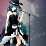  1girl collar dress earrings hat hatsune_miku jewelry long_hair microphone microphone_stand single_thighhigh solo strapless_dress striped striped_legwear thighhighs top_hat vertical-striped_legwear vertical_stripes very_long_hair vocaloid 