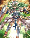  1girl armor green_hair helmet himuro_(dobu_no_hotori) long_hair polearm red_eyes shield solo spear weapon 