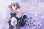  1girl black_legwear blue_eyes braid character_name hair_ribbon izayoi_sakuya kurogarasu maid_apron maid_headdress pantyhose ribbon short_sword silver_hair solo sword too_many_knives touhou twin_braids weapon 