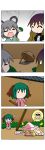  4girls 4koma absurdres animal_ears blonde_hair chibi comic drop_trap fairy_wings food green_hair hachimakirin hat highres hijiri_byakuren kasodani_kyouko lily_white minigirl multiple_girls nazrin o_o sakura_mochi silent_comic skull_and_crossbones sweatdrop touhou wagashi wings 